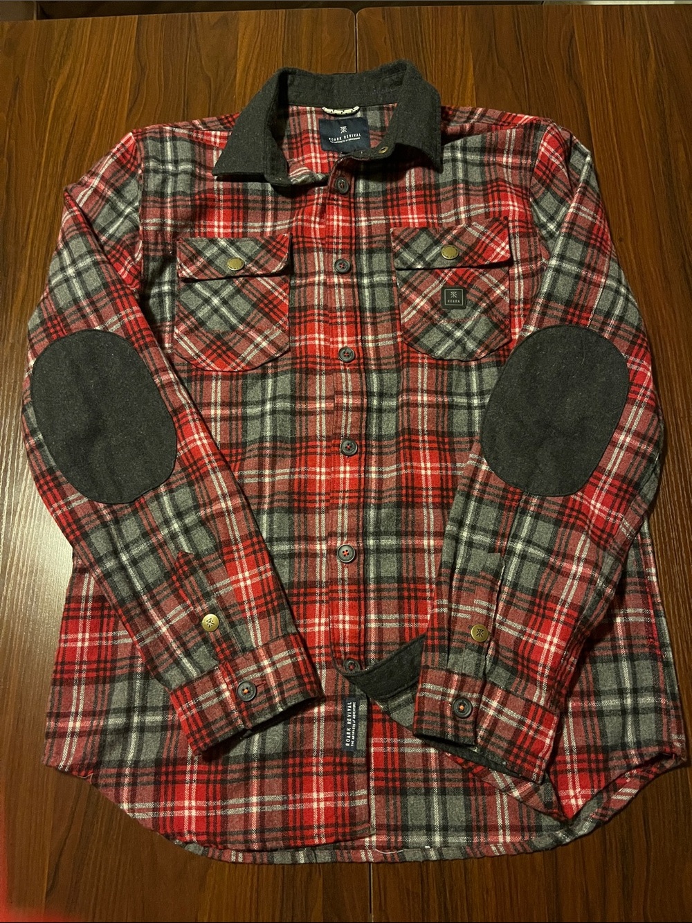 Roark Revival red/grey flannel with elbow patches. Great condition. Size large.